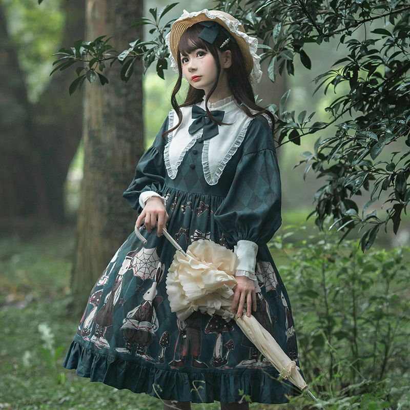 Gothic Lolita Girls Dress Dark Vintage Lolita OP Dress Victorian Tea Party Long Sleeves Lolita Dresses Cosplay Green Lolita
