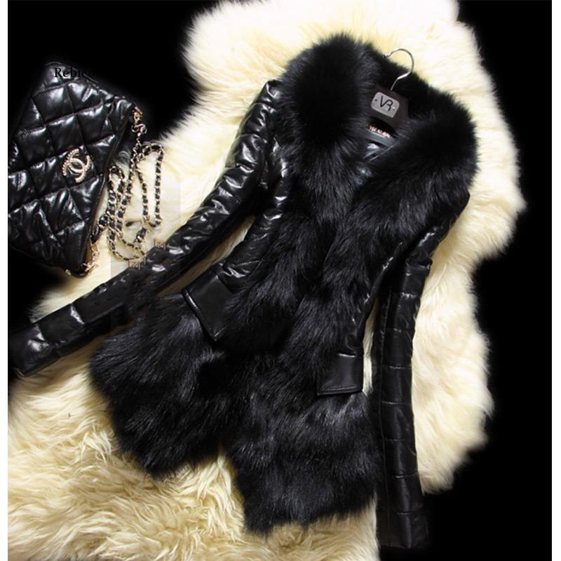 Women Pu Leather Faux Fur Coat Casual  Fluffy Coat Black Faux Fur Collar Jacket Coat