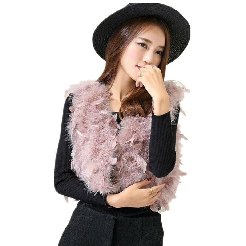 Женский меховой жилет-болеро из страусиных перьев, розовый и черный короткий жилет на осень и зиму, V35