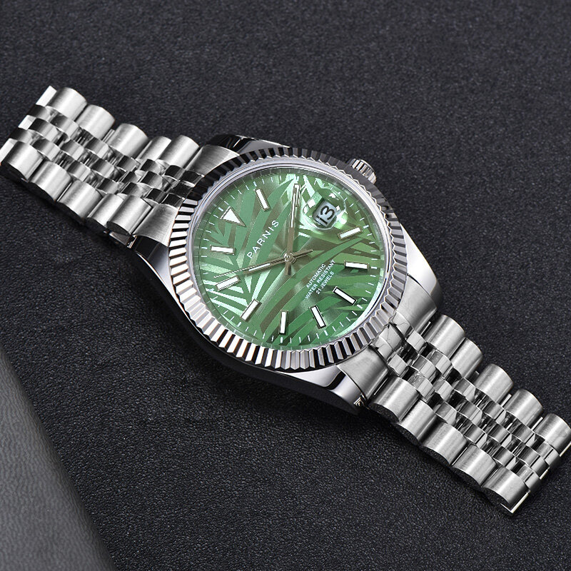 Parnis-Relógios Masculinos Personalidade Verde Dial, Calendário Sapphire Cristal, Relógio Mecânico Automático, Top Brand, Miyota 8215, 2021