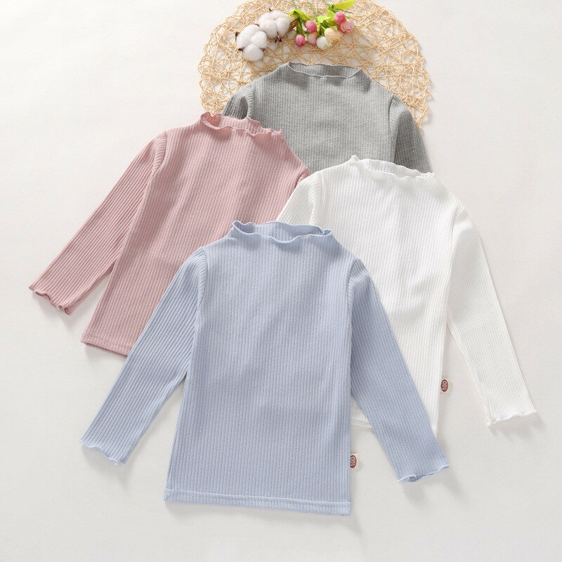 ผ้าฝ้ายเสื้อยืดสำหรับเด็กผู้หญิง2023เด็กทารกใหม่ฤดูใบไม้ผลิแขนยาวสูงคอ Bottoming TShirt Tops ชุดลองจอน