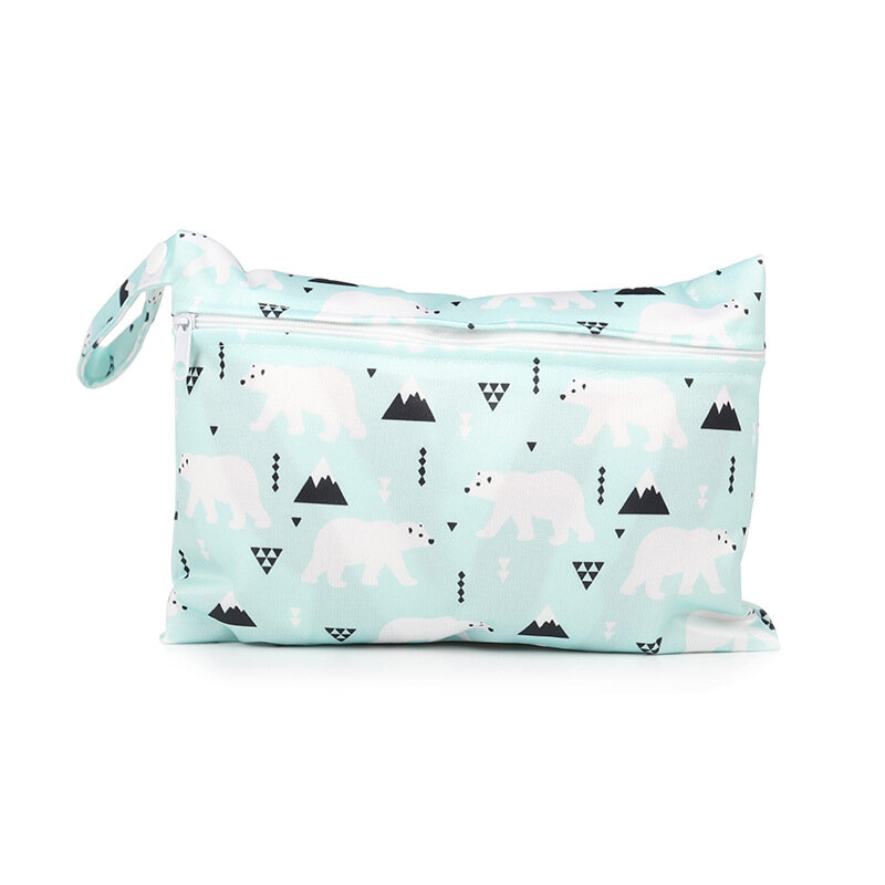 Waterproof Wet Dry Nappy Zipper Handbag Printed Baby Diaper Bag Stroller Carry Pack Travel Outdoor Wet Diaper Storage Bag Pocket