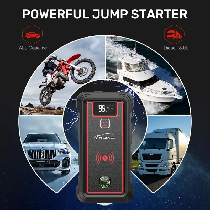 23800mAh Car Jump Starter Power Bank Peak 2500A Car Battery Jump Starter with 10W wireless charger LCD Screen Safety Hammer