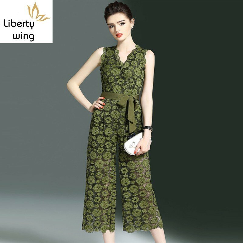 New Arrival Summer Fashion Hollow Out Floral Lace Wide Leg Jumpsuits Elegant Slim Fit Sleeveless Women Rompers