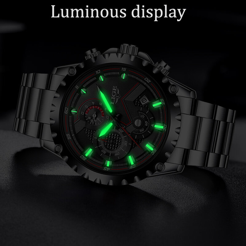 LIGE Fashion Mens Watches Top Luxury Brand Silver Stainless Steel 30m Waterproof Quartz Watch for Men Army Military Chronograph