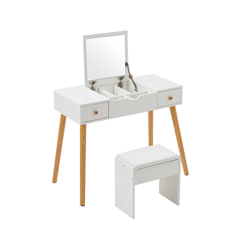 Panana Nordic toaletka zestaw drewniany stół do makijażu z klapką lustro i PU skórzany stołek 2 szuflady dziewczyna urodziny biały