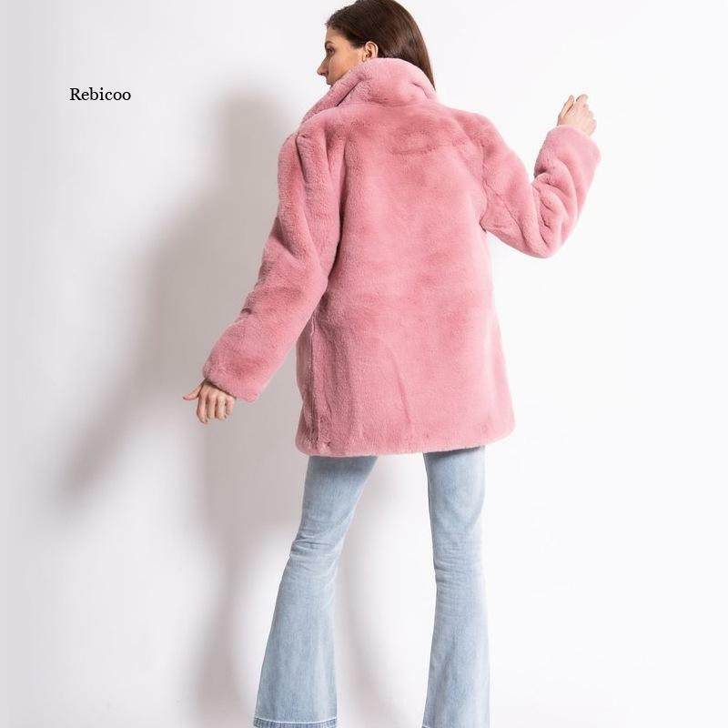 Abrigo de piel de conejo de imitación para mujer, abrigo largo de lujo con solapa, abrigos gruesos y cálidos de felpa para invierno