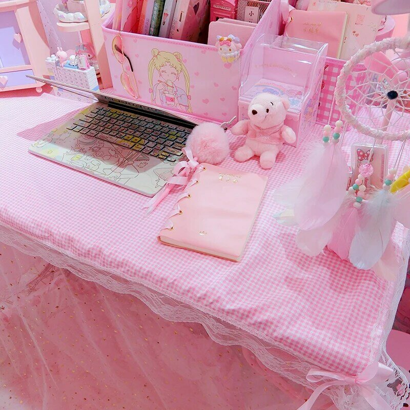Toalha de mesa estampada com borda de renda, xadrez rosa com estampa de desenho animado para computador, notebook, moderno, festa decorativa de casa para meninas 5197