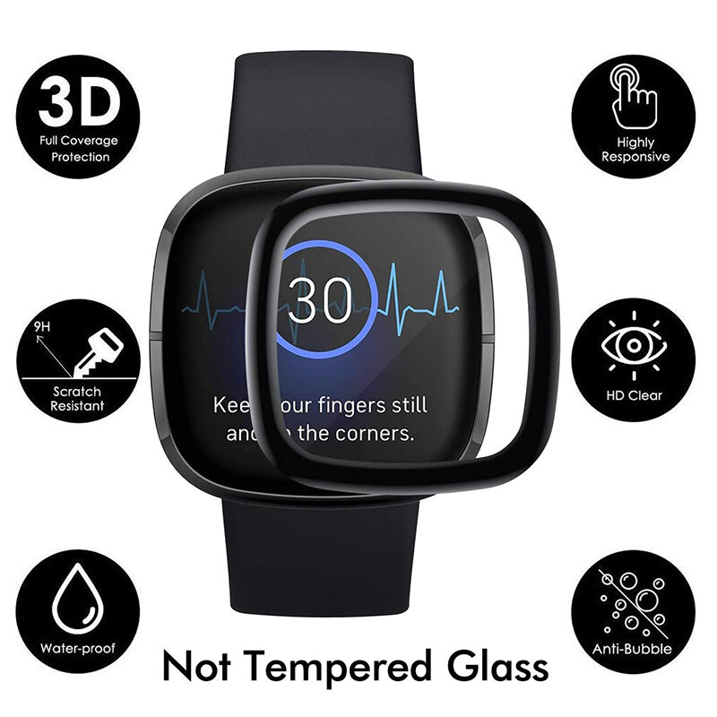 Película protetora 3D para Fitbit Versa 3, protetor de tela cheia, tampa borda curvada, atualização, tela (não vidro)