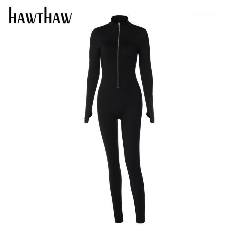 Hawthaw ผู้หญิงแขนยาวซิป Bodycon สีดำสีขาว Jumpsuit Overalls 2022ฤดูใบไม้ผลิฤดูใบไม้ร่วงเสื้อผ้าขายส่งรายการ Dropshipping