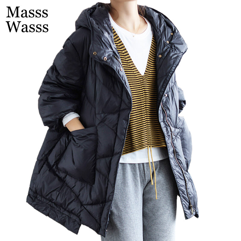 Masss Wasss 2021 Hooded Casual Warm Coat Women Zipper White Duck Down Jacket Winter Padded Coats Female Solid Harajuku Clothes
