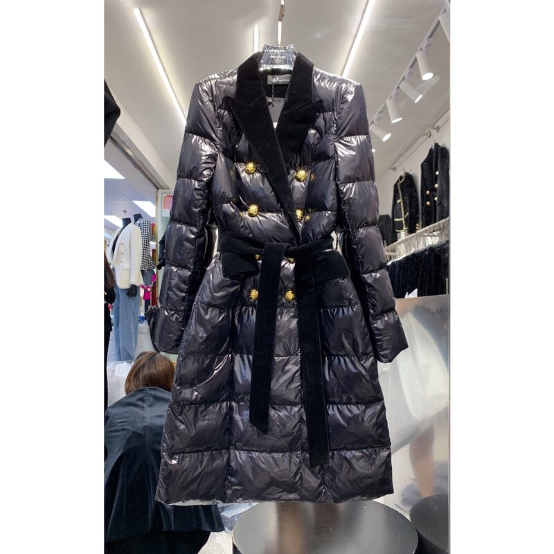 High Street neuesten Winter 2024 Designer Oberbekleidung Damen zweireihigen Samt Spleißen Gürtel langen Daunen mantel Mantel