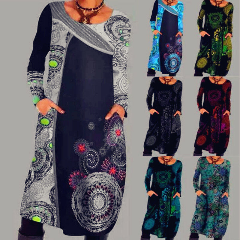 Женское свободное винтажное платье с оборками, большие весенние Повседневные платья в стиле бохо с длинным рукавом и принтом, размеры 5XL, 2023