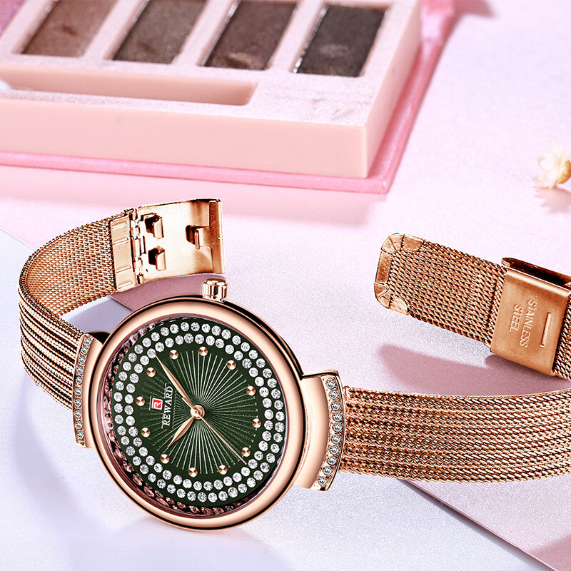 RECOMPENSA Cinto de Malha de Luxo Da Marca Relógios Mulheres Moda Feminina Vestido de Quartzo Relógio de Diamante de Cristal À Prova D' Água relógios de Pulso Casual