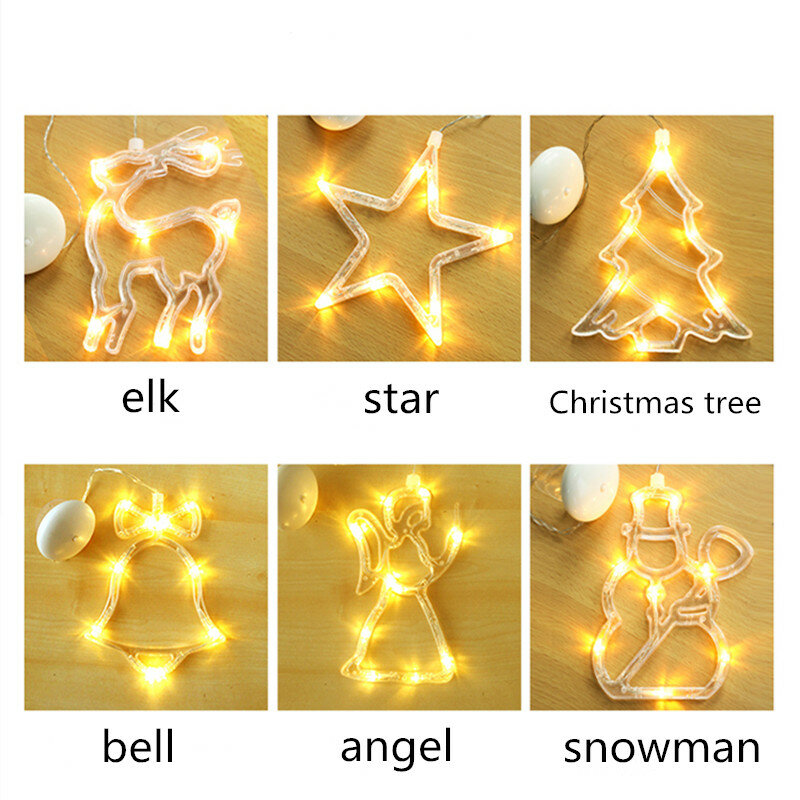 LED Christmas Lights Battery Power Christmas Tree Snowman Elk Chandelier Indoor Outdoor Glass Window Suction Cup Light