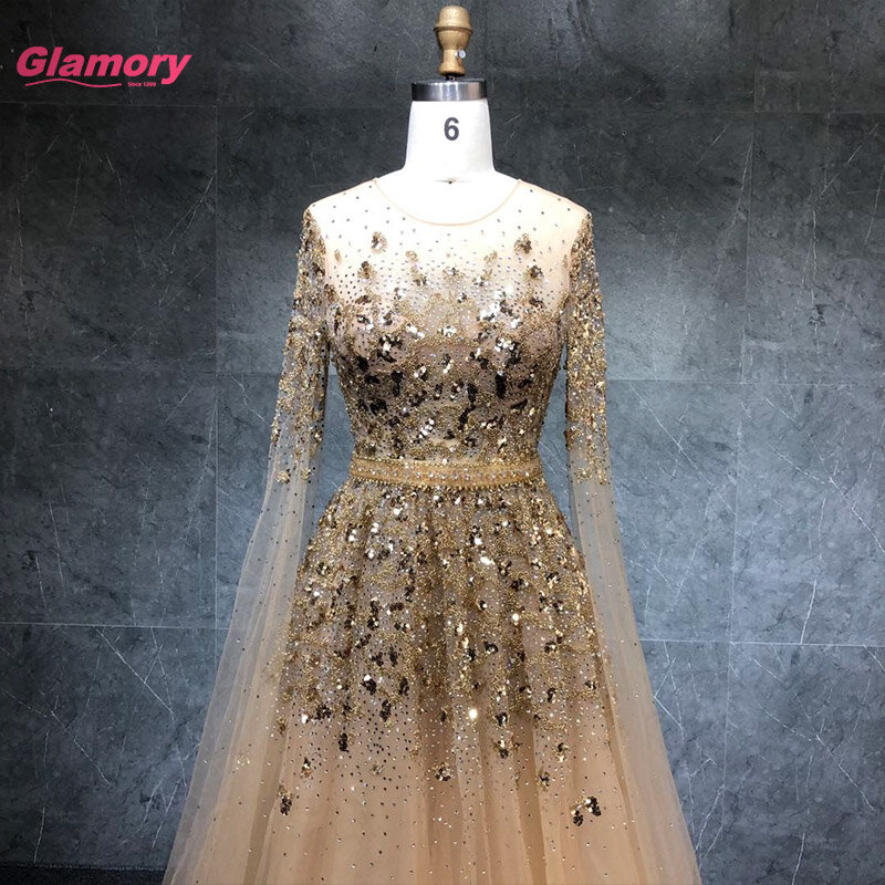 2021 neue Ankunft Gold Prom Kleid Lange Ärmel Oansatz Luxus Perlen Abendkleid