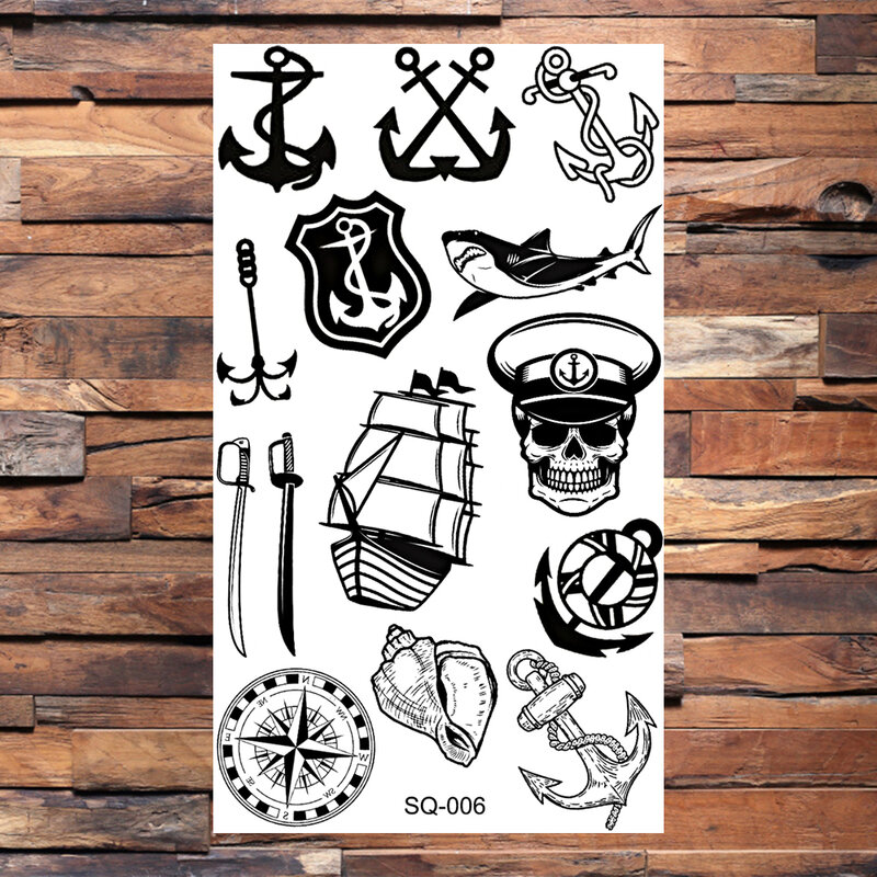 해적선 Acnhor 나침반 임시 문신 남녀공용, 현실적인 해골 인피니티 하트, 가짜 문신 스티커, 바디 핸드 문신