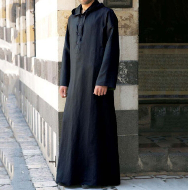 ชายมุสลิมเสื้อผ้าสีทึบ Jubba Thobe แขนยาว Hooded Robes ดูไบตะวันออกกลางผู้ชายอิสลาม Saudi Arabia Kaftan 5XL