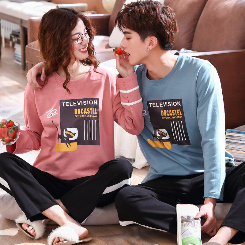 Outono e inverno novo casal de algodão de manga comprida coreano dos desenhos animados pijamas casuais conjunto serviço de casa