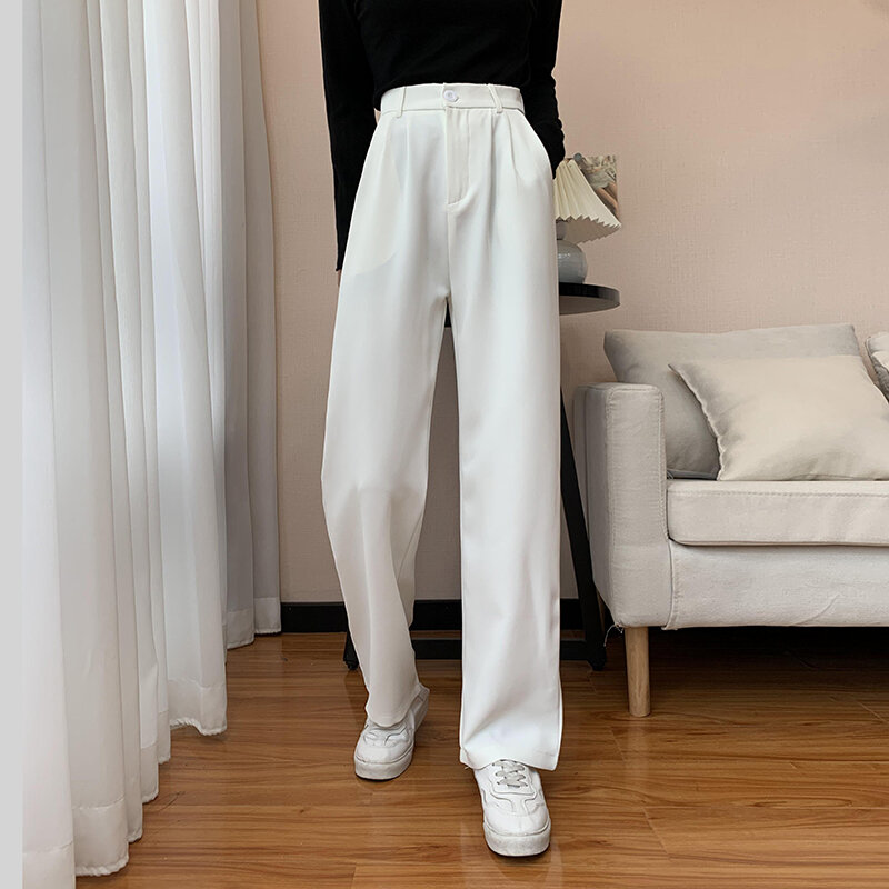 Celana Setelan Lurus Wanita Musim Gugur Celana Panjang Kaki Lebar Elegan Sederhana Warna Polos Wanita Kantor Fashion Gaya Korea Pinggang Tinggi
