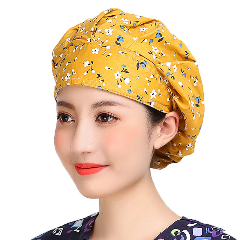 الدعك قبعات النساء غطاء رأس زهرة مطبوعة القطن العصابة منتفخ القبعات قابل للتعديل مكافحة الغبار قابل للغسل عمال التمريض قبعات