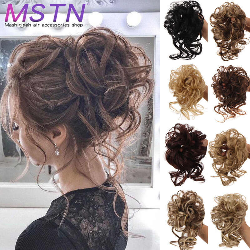 MSTN-moño de pelo sintético para mujer, pelucas rizadas desordenadas, piezas de cabello falso, horquillas, extensiones de cabello marrón y negro