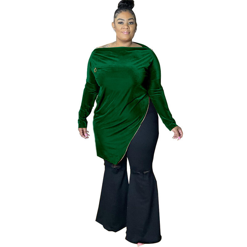 Autumn Urban Casual Soild Color Women Clothing Plus Size Top 2021 New Large Size Women Top Square Shoulder Zipper Velvet Surface