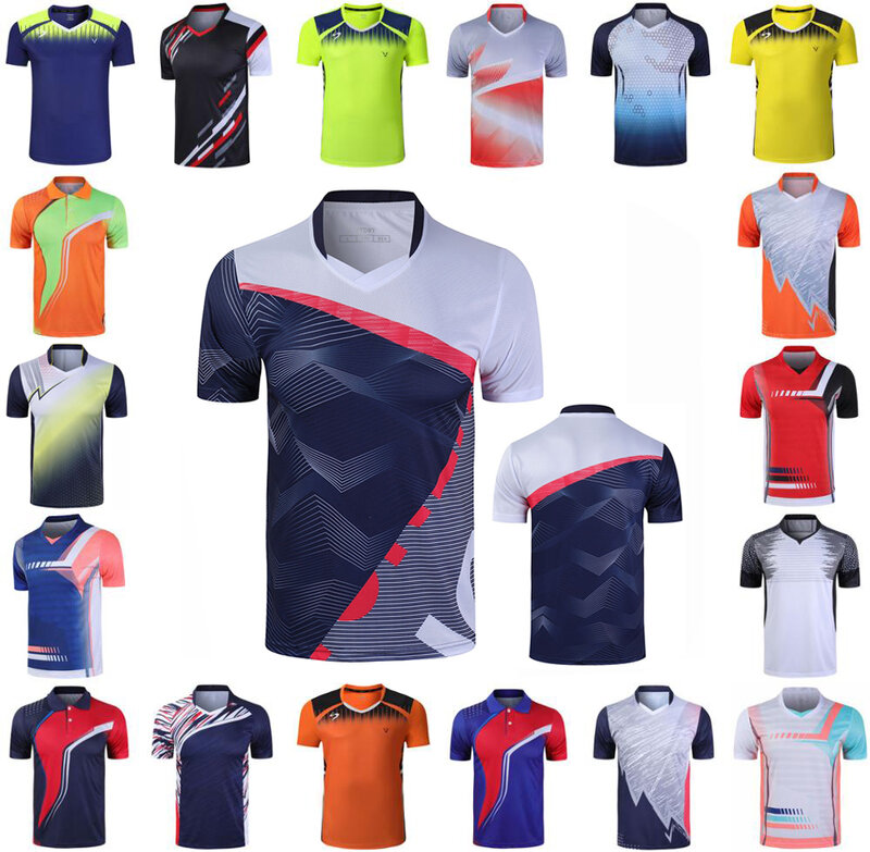 Camisetas de tênis para homens e mulheres, gola v, camiseta de tênis de secagem rápida, roupas de badminton, kits de meninos, camisetas de mesa, short, saias