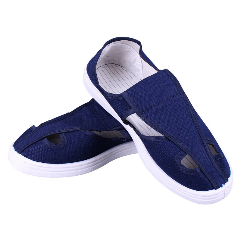 Zapatos antiestáticos de cuatro ojos DMZ1, suela de PVC, jing dian xie, azul y blanco, sin polvo, producción de zapatos de trabajo