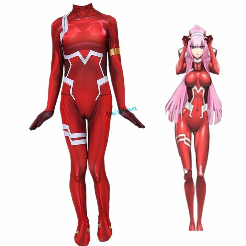 Disfraz de Cosplay de Anime Zero Two para mujer, traje de Halloween, peluca, mono de impresión 3D, traje Zentai