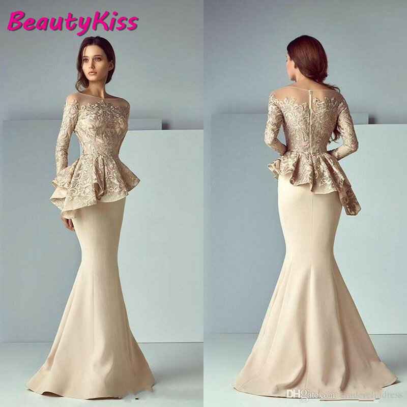 Champagne Mermaid Lace Mother Of Bride Dresses Long Sleeve Ruffle Floor Length Groom Mother Dress Evening Party Prom Gowns