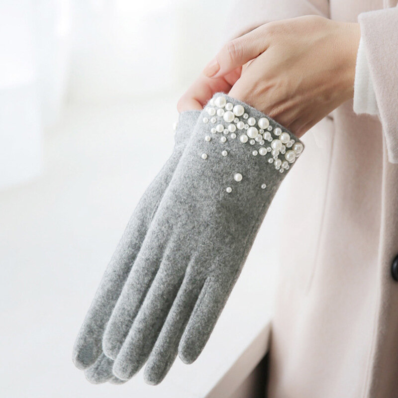 Guantes de lana con decoración de perlas para mujer, manoplas elegantes de Cachemira para mantener el calor, estilo japonés y coreano, Invierno