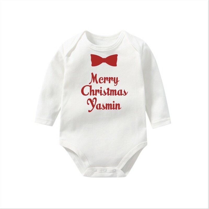 Gepersonaliseerde Pasgeboren Outfit Met Lange Mouwen Custom Naam Vrolijk Kerstfeest Outfit Baby Eerste Kerstcadeau Baby Naam Bodysuit