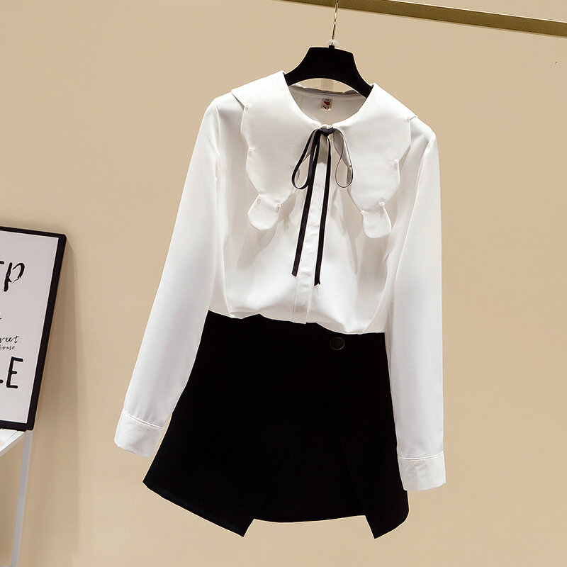 Frauen Korean Fashion Shirt 2021 Frühling Neue Spitze-up Bowknot Perlen Puppe Kragen Lange-ärmeln Chiffon Shirt weibliche Bluse Top