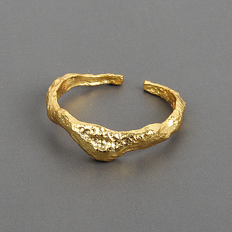 925เงินสเตอร์ลิง Bump Matte Gold สีแหวน Retro คู่ชั้น Distressed เปิด Handmade แหวนแฟชั่นเครื่องประดับ