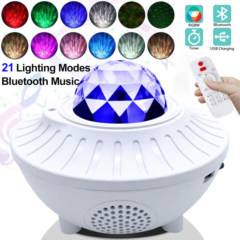 Lampu Proyektor Musik Gelombang Air Berbintang LED Diaktifkan dengan Suara Pemutar Musik Kompatibel dengan Bluetooth Lampu Proyektor Galaxy Jarak Jauh D30