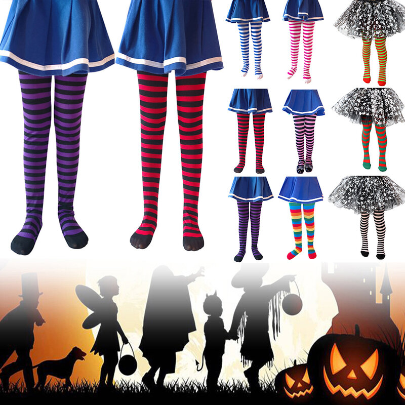 Meia calça listrada feminina de 5-8 anos, para dia das bruxas, estampada, com cores mistas, para festa, meia-calça d40