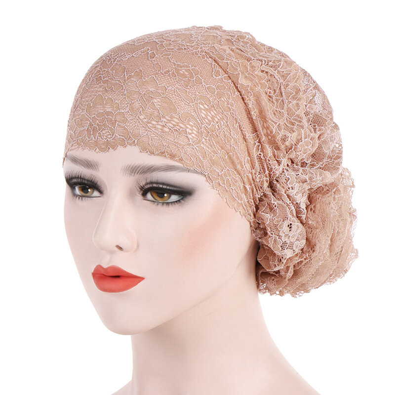 ความยืดหยุ่นคุณภาพสูงลูกไม้ผู้หญิงอินเดียหมวกมุสลิมRuffleมะเร็งChemoหมวกผ้าพันคอTurban Floral Lace Cap