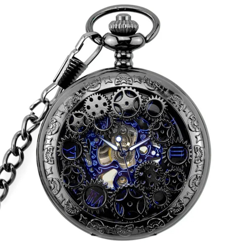 Reloj de bolsillo con cadena con números romanos con forma de engranaje de moda Retro de aniversario con cadena con tapa mecánica regalo abierto Vintage