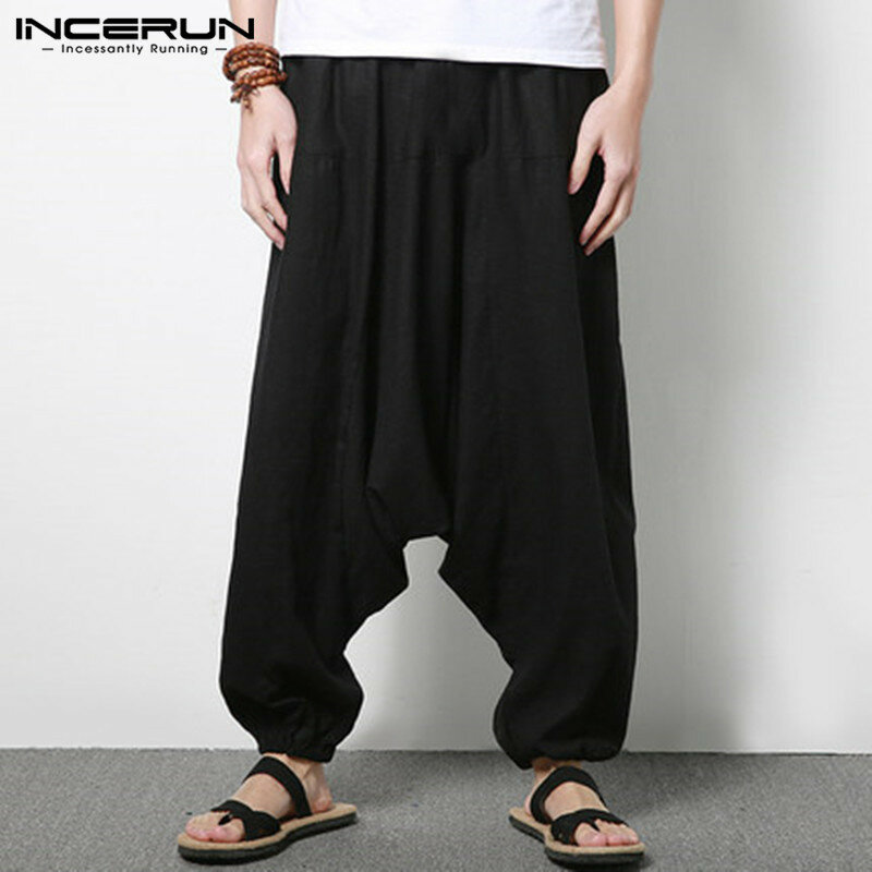 INCERUN ชายกางเกง Harem กางเกงผ้าฝ้าย Streetwear Joggers กางเกงสีทึบเนปาล DROP-crotch กางเกงหลวมกางเกงยาว PLUS ขนาด