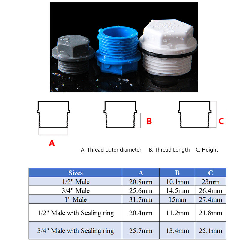 Encaixe da tubulação do PVC-Rosca Plug, macho Conector BSP, Parafuso Plug End Cap, Parar Água Jointer, Adaptador, Acessórios de encanamento, 1/2 ",3/4", 1"