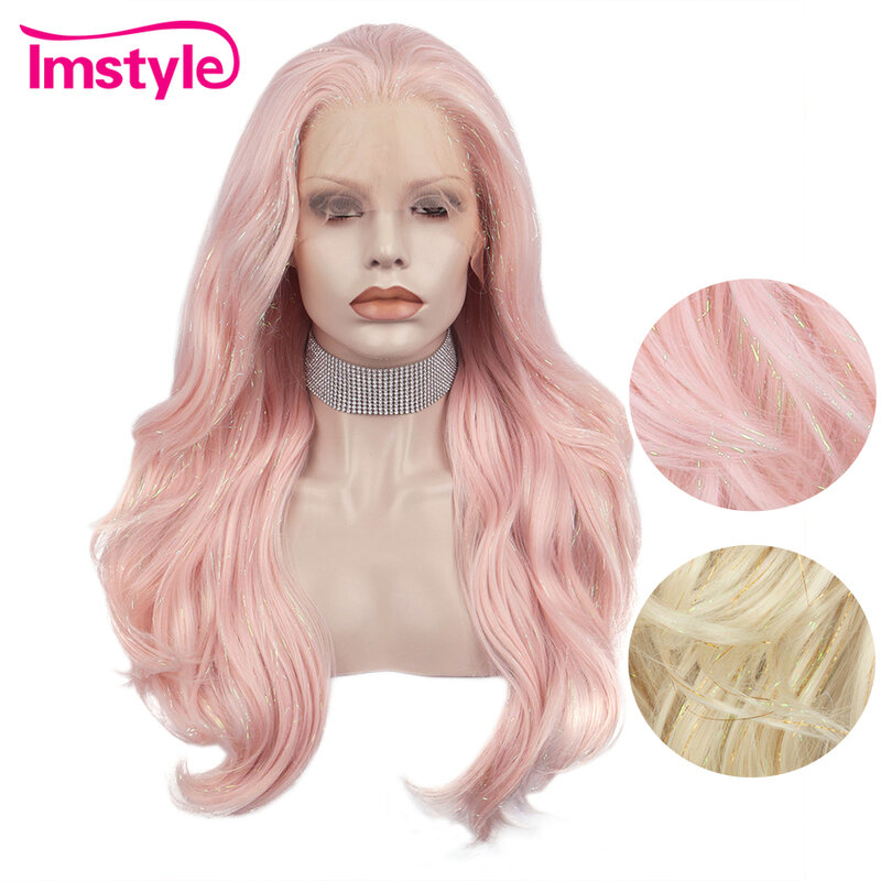 Imstyle peruca rosa de abertura sintética, peruca feminina de renda frontal com glitter, peruca de festa com fibras longas resistentes ao calor