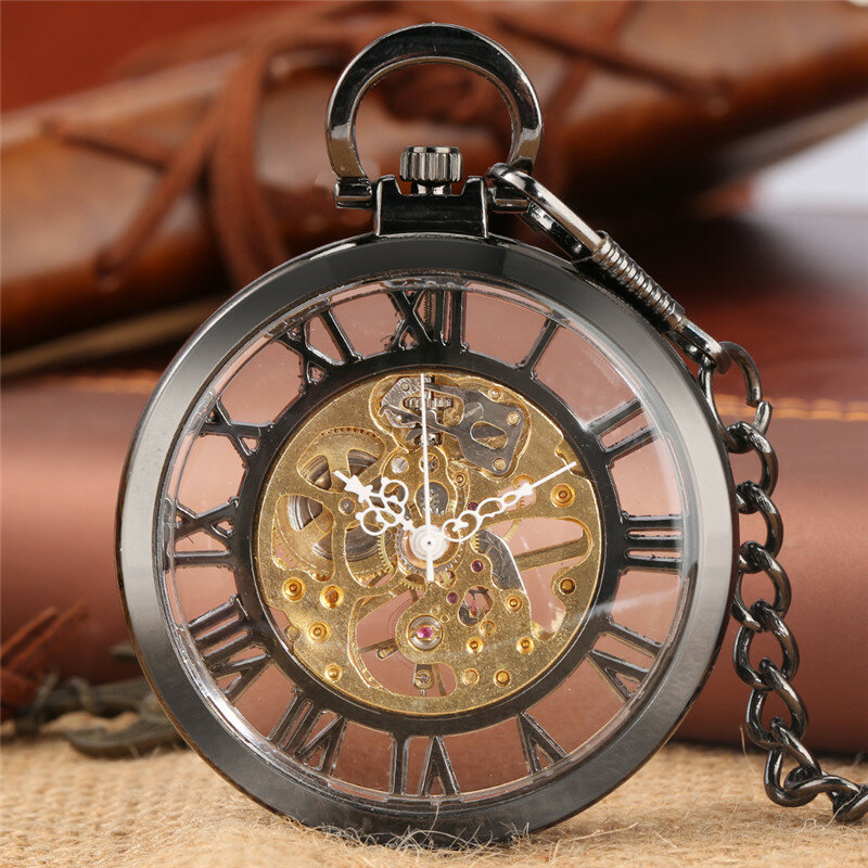 Reloj de bolsillo transparente para hombre y mujer, pulsera de mano de lujo con números romanos mecánicos, Steampunk, cadena negra de cara abierta, regalo genial