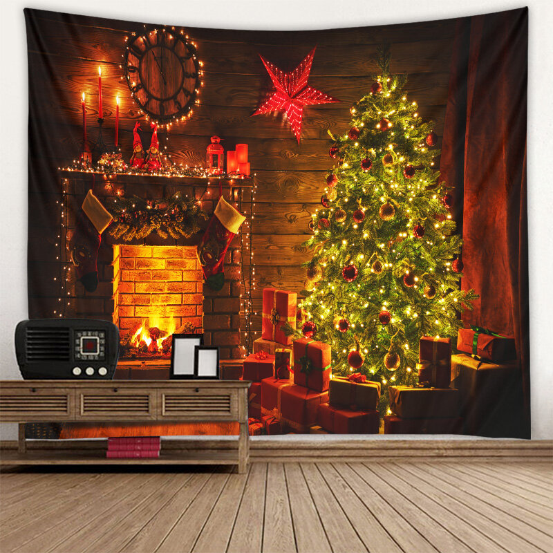 Tapiz de fondo de Navidad, decoración de chimenea y árbol de Navidad, tela colgante suave con impresión respetuosa con el medio ambiente