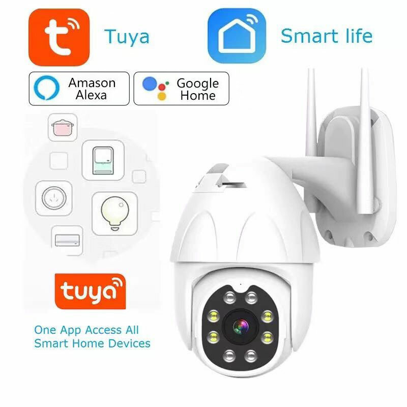 Caméra de surveillance extérieure PTZ IP WiFi HD 2MP/1080p (Tuya), dispositif de sécurité sans fil, avec suivi automatique et protocole P2P, compatible Google Home