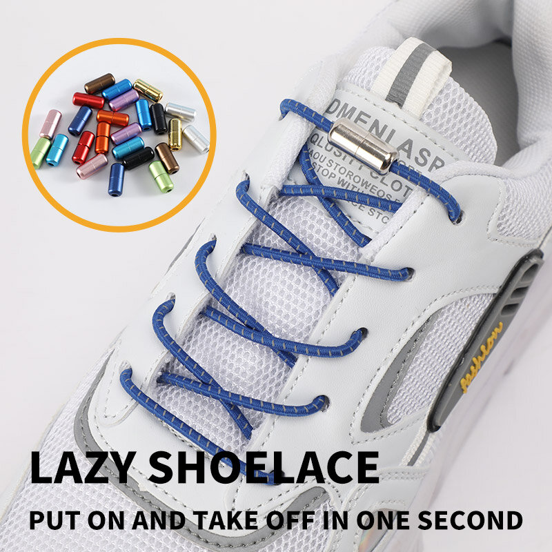 Novos laços de sapato elástico circular reflexivo sem laço cadarços de bloqueio de metal cadarços preguiçosos para crianças e adulto um tamanho se encaixa todos os sapatos