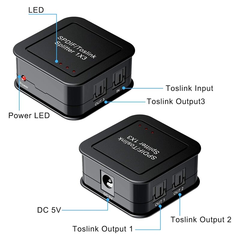 Divisor de Audio óptico Digital 1x3, divisor de Audio de fibra óptica SPDIF TOSLINK Digital, 1 en 3 de salida, para DVD HDTV de rayos azules