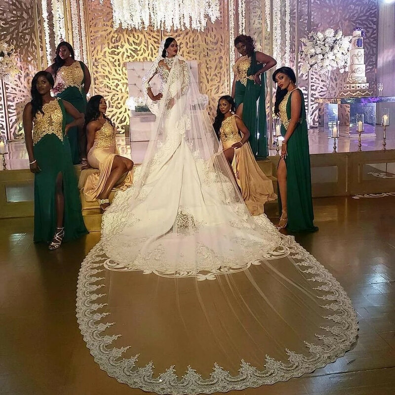 Véu de noiva luxuoso com lantejoulas, aplique de renda com borda catedral de 5m, comprimento em tule com pente, acessórios para casamento