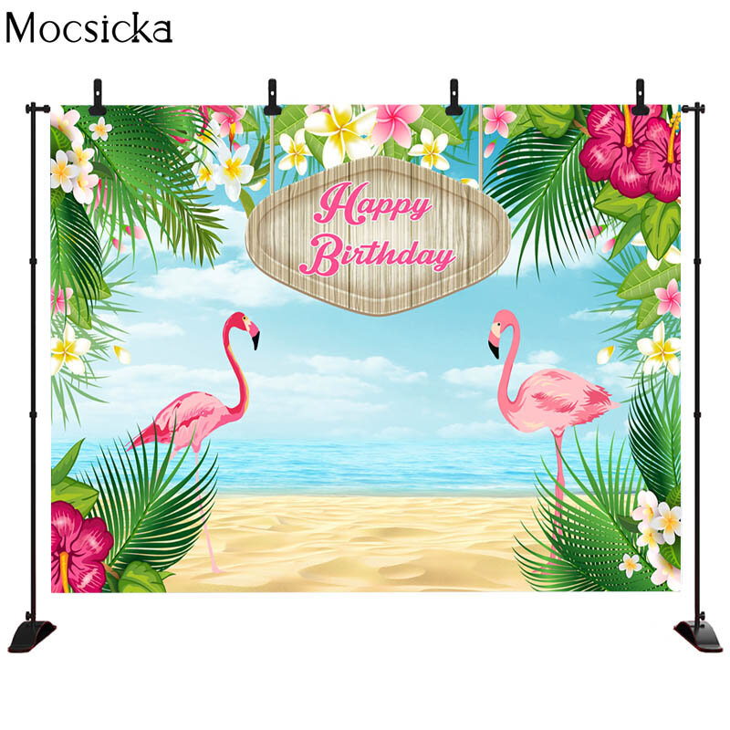 Mocsicka Flamingo Verjaardag Achtergrond Zomer Tropische Hawaiiaanse Bloemen Fotografie Achtergrond Bloem Baby Shower Cake Tafel Banner