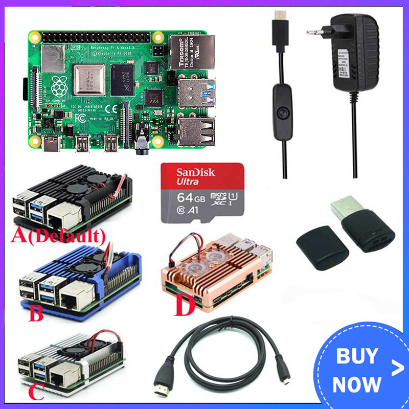 Комплект Raspberry Pi 4 Model B, алюминиевый чехол, радиатор, переключатель питания 3 А, HDMI-совместимость, карта памяти 64 ГБ, считыватель